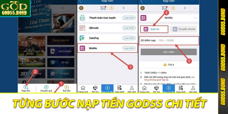 Từng bước nạp tiền God55 chi tiết